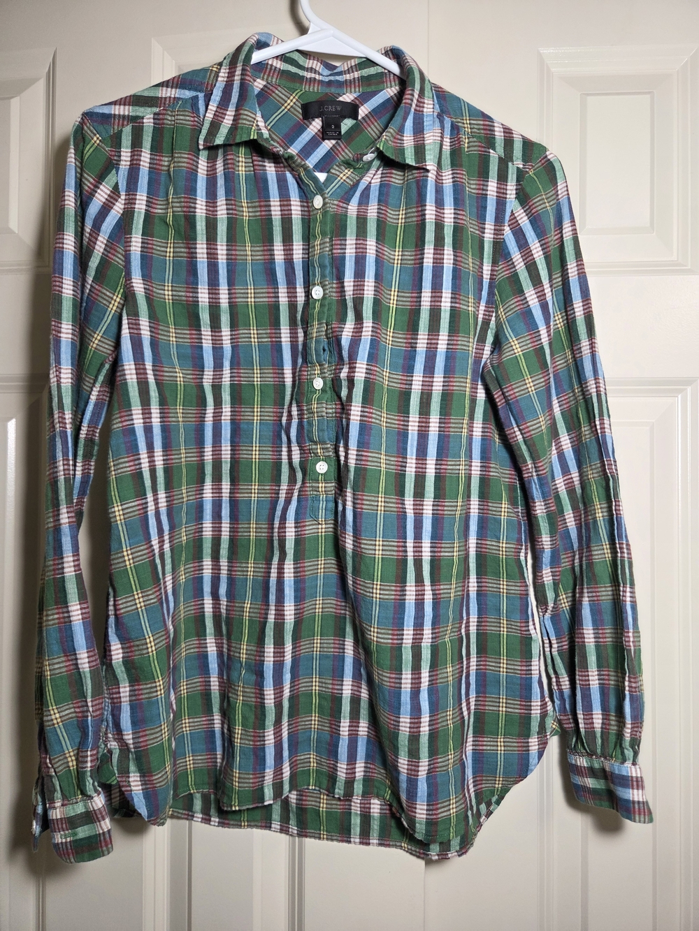 J. Crew Green, Blue & White Plaid Button-Down Top